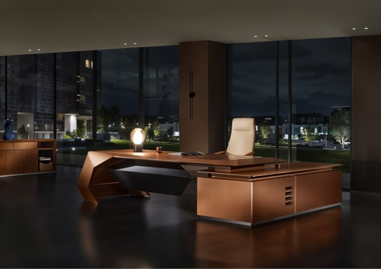 Executive Apex L-Shape Desk – Modern Sculpted Luxury in Walnut Bronze