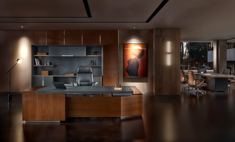 Vanta Prestige Executive Desk – Dual-Tone Masterpiece with Geometric Bookcase