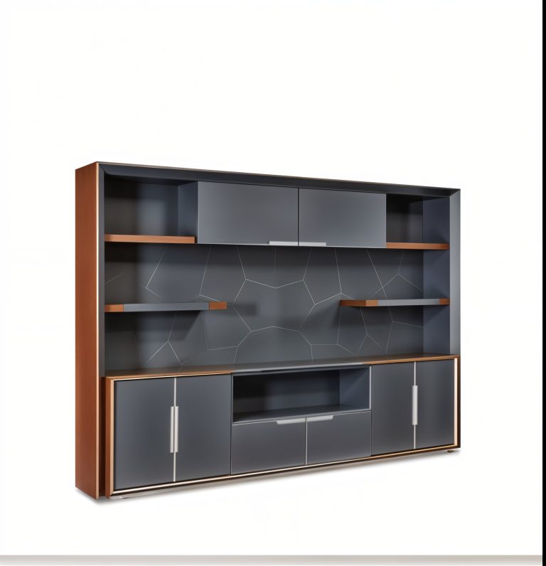 Astra Modular Display Console – Matte Graphite Finish with Natural Oak Highlights