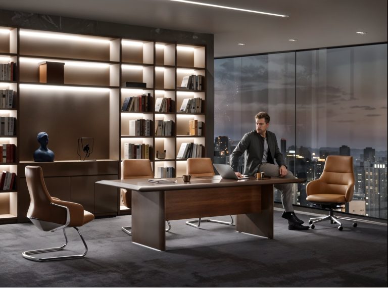 Altura Executive Desk & Library Wall – Contemporary Command with Skyline Views