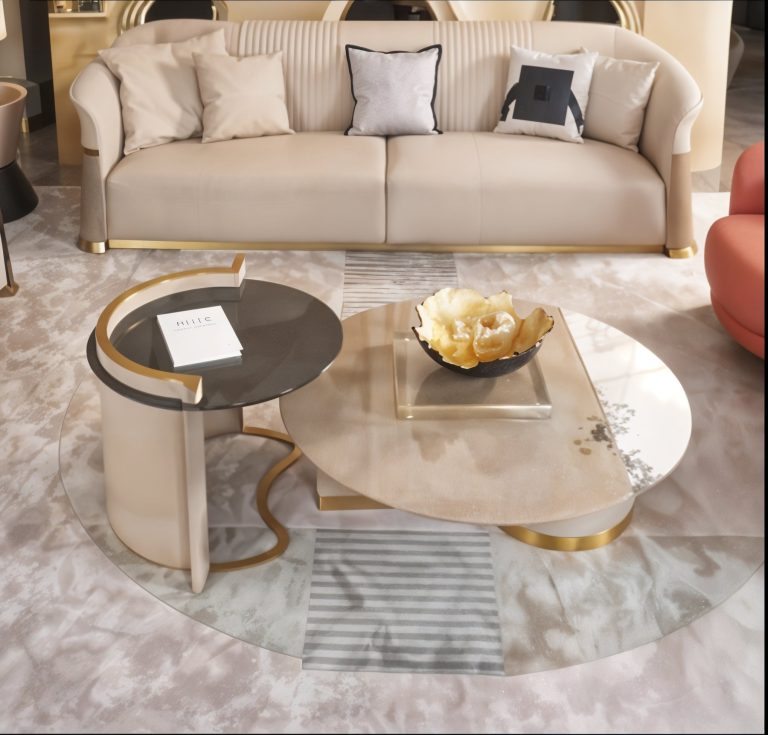 Modern Luxe Curved Sofa Set with Designer Coffee Tables – Cream & Gold Finish